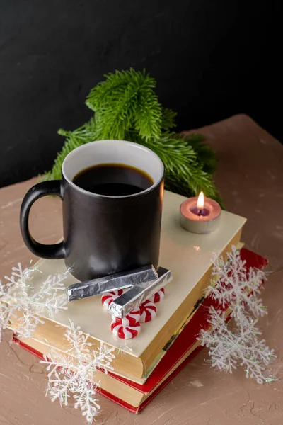 New Year Card Cup Coffee Books Next Candle Chocolates Christmas — Stock Photo, Image