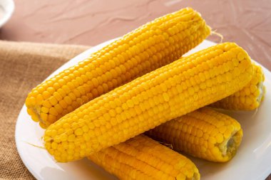 Mısır koçanında beyaz bir tabakta, tuzluklu tuzluğun yanında pişti. Yüksek kalite fotoğraf