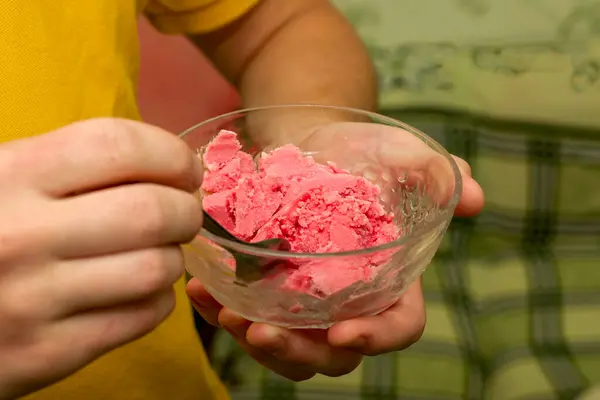 Man Eats Cherry Ice Cream Spoon Ice Cream Maker High — Stock Photo, Image