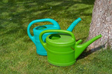 Elma ağacında iki eski plastik sulama kutusu