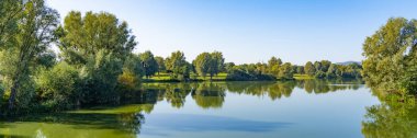 Almanya 'nın Kassel kentindeki Fuldaaue' de bir yaz günü göl manzarasının güzel bir manzarası.