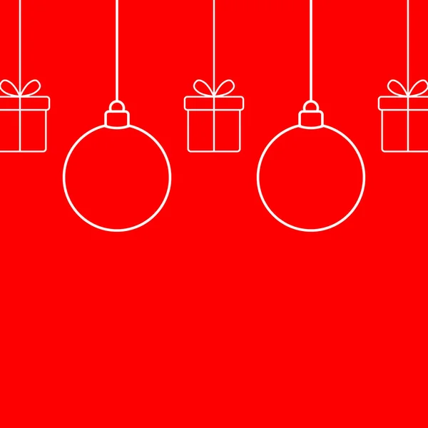 Веселі різдвяні кульки на червоному тлі з подарунковою коробкою новорічної святкової листівки. Векторні ілюстрації — стоковий вектор