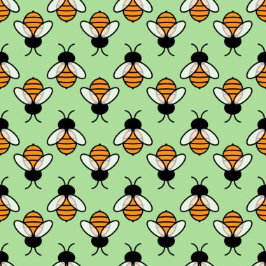 Yeşil zemin üzerinde arılar olan kusursuz vektör deseni