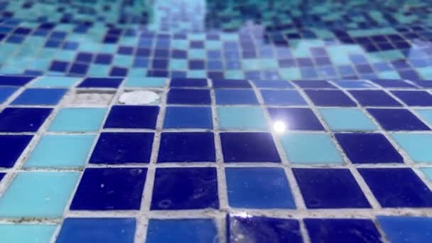 Leeg zwembad met rustige waterreflectie bij daglicht en helder water. Blauw water in het zwembad. — Stockvideo