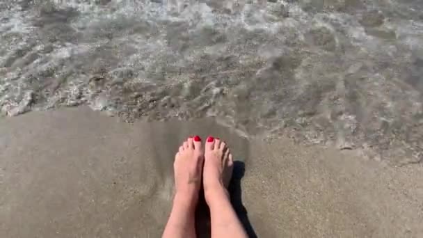 Női lábak a homokban a parton — Stock videók