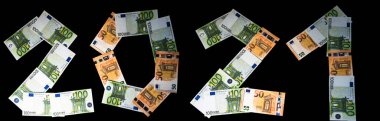 Yazıt 2021, Avrupa para biriminin banknotlarından oluşturulmuştur. Euro 2021. Mutlu yıllar ve mutlu Noeller. Siyah arka planda 2021.