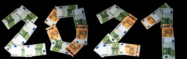 Yazıt 2021, Avrupa para biriminin banknotlarından oluşturulmuştur. Euro 2021. Mutlu yıllar ve mutlu Noeller. Siyah arka planda 2021.