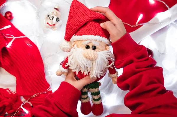 Hold Cute Handmade Christmas Gnome Toy Hands Make New Year — Stock Photo, Image