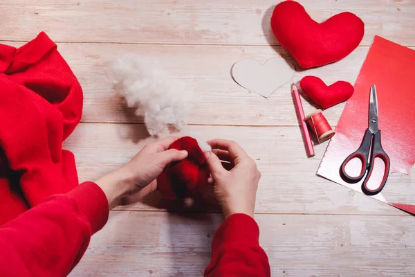 Instrucción Paso Paso Concepto Bricolaje Llena Corazón Rojo Juguete Con —  Fotos de Stock