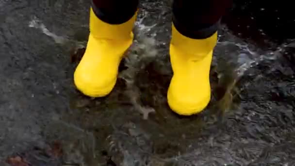 穿着黄色橡胶靴跳过水坑 在雨中散步 享受童年的坏天气 在潮湿的水坑中奔跑 没有脸的腿录像 — 图库视频影像