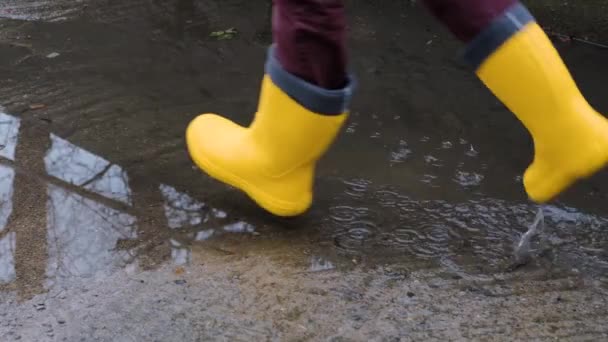 Attraversare Pozzanghera Stivali Gomma Gialla Godersi Clima Primaverile Umido Come — Video Stock