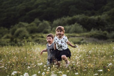 Çocuklar, erkek ve kız kardeşler papatya tarlasında neşeyle el ele koşuşturuyorlar. Açık alanda yürüyen sevimli çocuklar güzel çiçeklerin arasında rahatlar. Mutlu çocukluk doğası.
