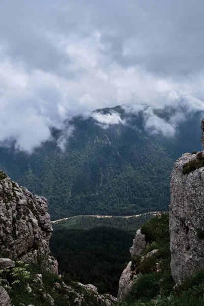 看陡峭悬崖上的裂缝 看到下面茂密的绿林 在多云的天气下 高加索国家公园的自然和景观 山的石头做成的天然窗户 — 图库照片