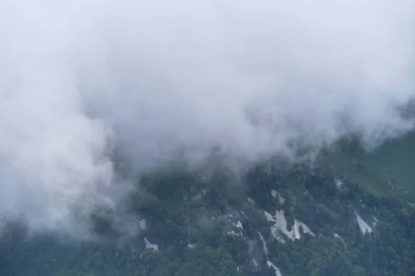 俄罗斯国家公园美丽的风景 乌云笼罩着青山的峰顶和针叶林 多云天气下的森林和多山 — 图库照片