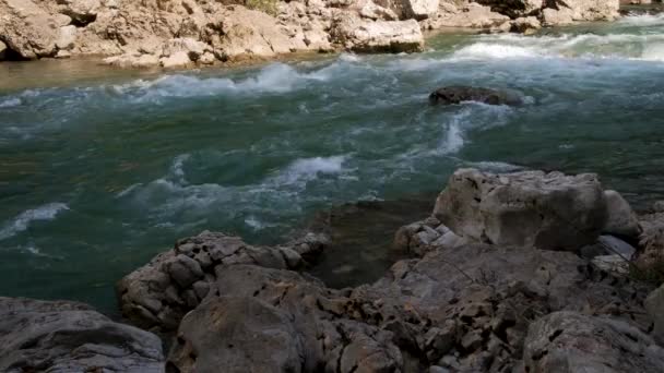 Красива Бурхлива Гірська Річка Блакитного Відтінку Швидко Тече Серед Великих — стокове відео