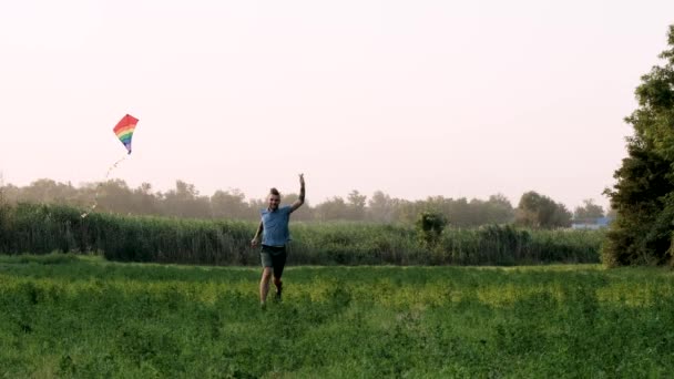 Lgbtの旗凧 ドレッドロックを持つ若い白人男性は 長い尾を持つ虹の縞模様の凧で夏の日没にフィールドの周りを実行します 所有者は公園でドイツの羊飼い犬と速く実行されます — ストック動画