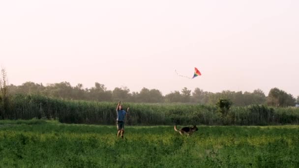 Lgbt Flag Kite Молодий Кавказький Чоловік Дредами Біжить Полю Під — стокове відео