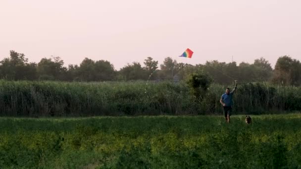 Lgbt Flag Kite Молодий Кавказький Чоловік Дредами Біжить Полю Під — стокове відео