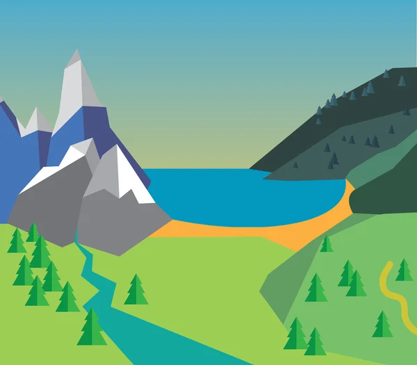 Цветовая векторная иллюстрация летнего времени - деревня, гора, море, облака, деревья, река, свежий воздух. Красивый пейзаж — стоковый вектор