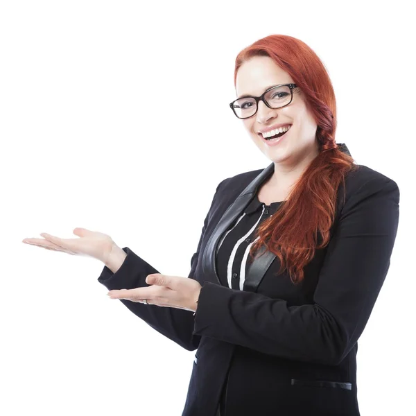 Young business woman present something beside her — Stock Photo, Image