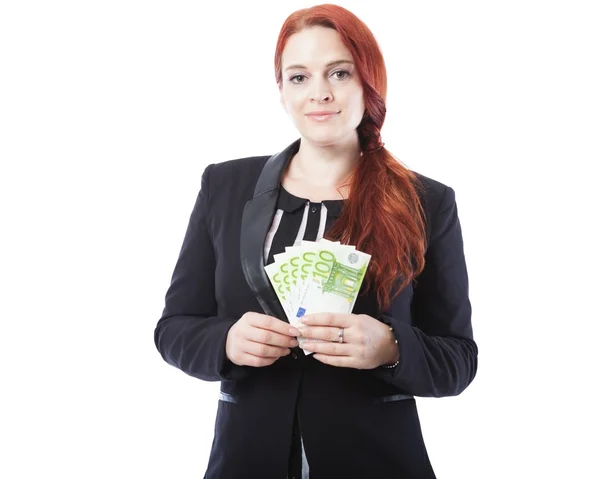 Joven mujer de negocios con muchos billetes de banco — Foto de Stock