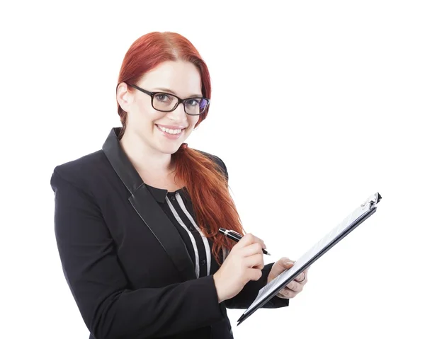 Young business woman sign documents in her hand — Stock Photo, Image