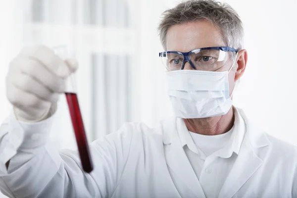 Médico que mira en el tubo de análisis de sangre —  Fotos de Stock