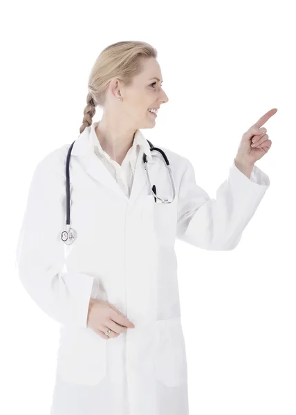 Smiling Clinician Pointing and Looking to Right — Stock Photo, Image