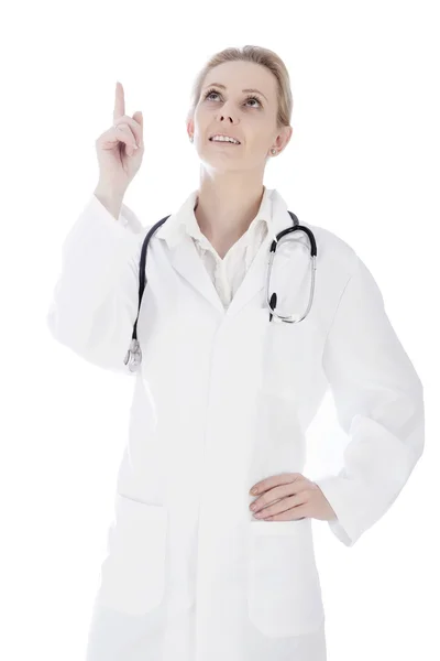 Thoughtful Female Doctor Pointing and Looking Up — Stock Photo, Image