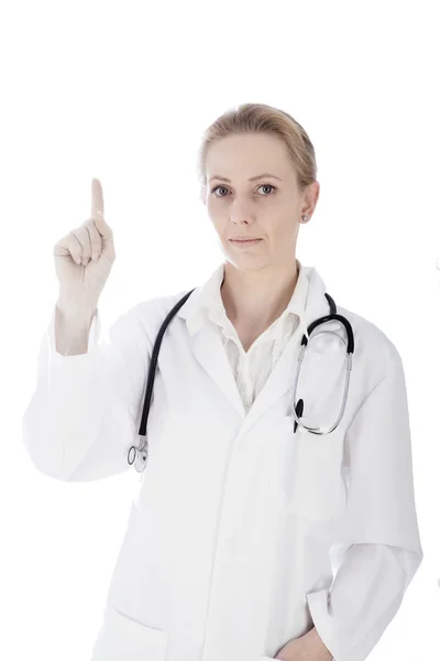 Serious Adult Female Clinician Pointing Finger Up — Stock Photo, Image