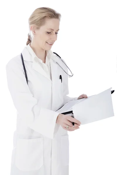 Happy Woman Doctor Reviewing Medical Findings — Stock Photo, Image