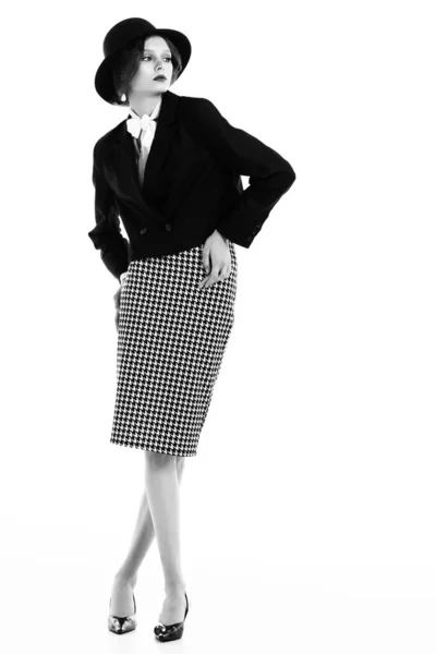 Retrato Alta Moda Mujer Elegante Look Retro Imagen Blanco Negro — Foto de Stock