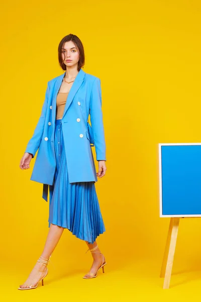 High Fashion Portrait Young Elegant Woman Blue Jacket Skirt Yellow — Stock Photo, Image