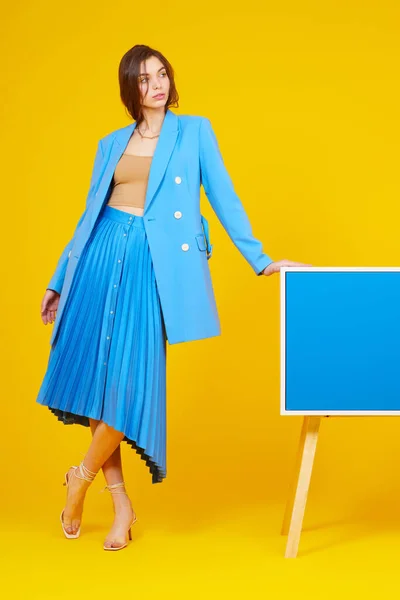 High Fashion Portrait Young Elegant Woman Blue Jacket Skirt Yellow — Stock Photo, Image