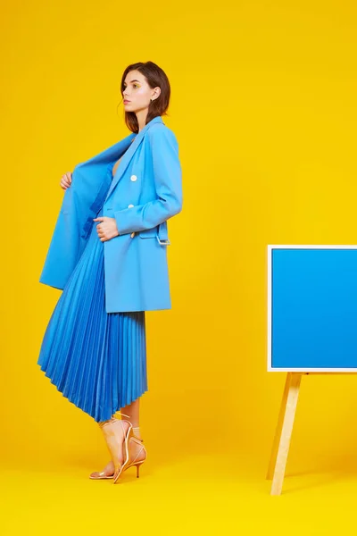 High Fashion Portret Van Jonge Elegante Vrouw Blauwe Jas Rok — Stockfoto