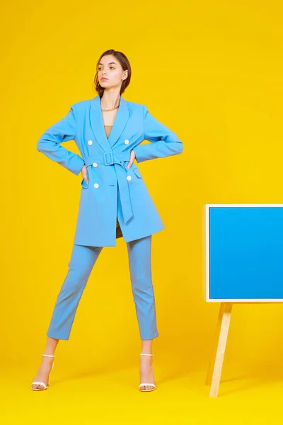 High Fashion Portrait Young Elegant Woman Blue Suit Yellow Background — Stock Photo, Image