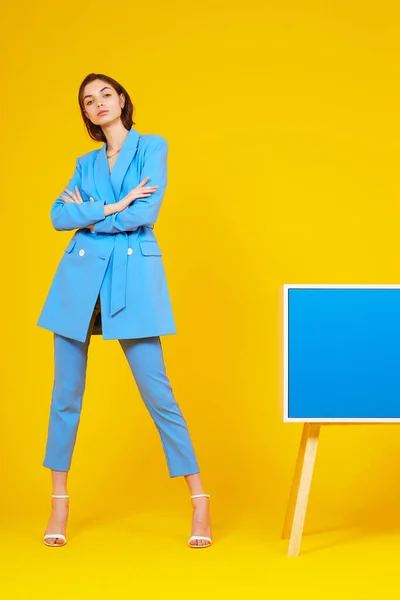 High Fashion Portrait Young Elegant Woman Blue Suit Yellow Background — Stock Photo, Image