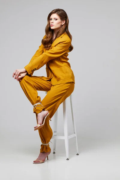Fashion Portrait Young Elegant Woman Trendy Linen Suit Studio Shot — Stock Photo, Image