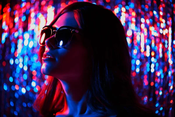 Fashion Portrait Young Elegant Trendy Woman Sunglasses Neon Light Colored — Stock Photo, Image