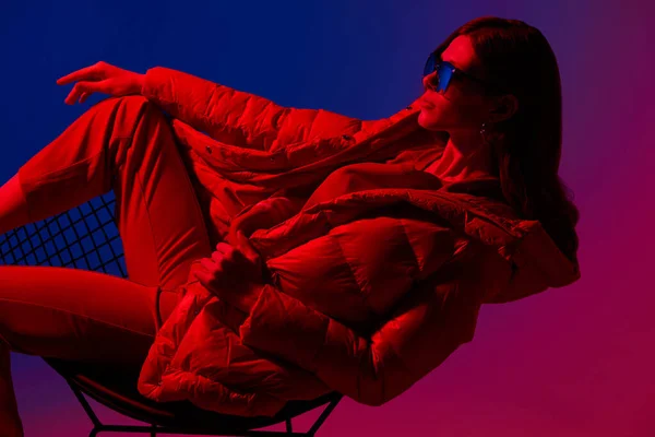 Fashion Portrait Elegant Trendy Woman Red Jacket Neon Light Sunglasses — Stock Photo, Image