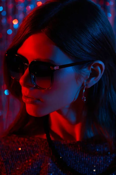 Fashion Portrait Young Elegant Trendy Woman Sunglasses Neon Light Colored — Stock Photo, Image