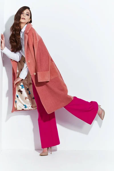 High Fashion Portrait Young Elegant Woman Coral Coat Magenta Pants — Stock Photo, Image