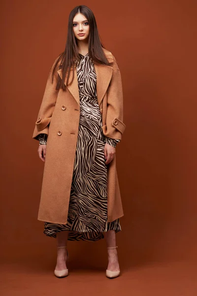 トレンディーな茶色のコートの若いエレガントな女性 Zebraのプリントドレス 隔離されたスタジオショット — ストック写真