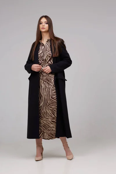 Modayı Takip Eden Siyah Ceketli Zarif Bir Bayan Zebra Desenli — Stok fotoğraf