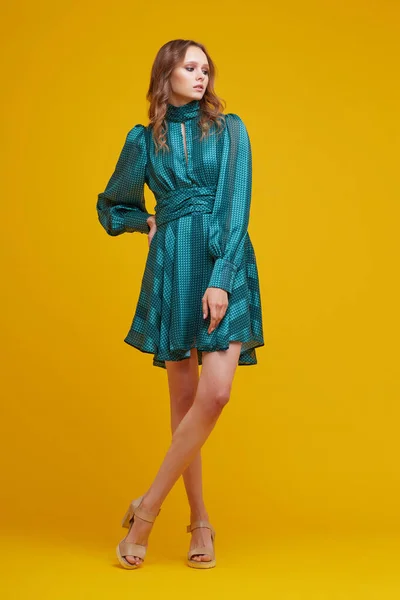 Beautiful Young Woman Green Dress Yellow Background Fashion Studio Shot — Stock Photo, Image