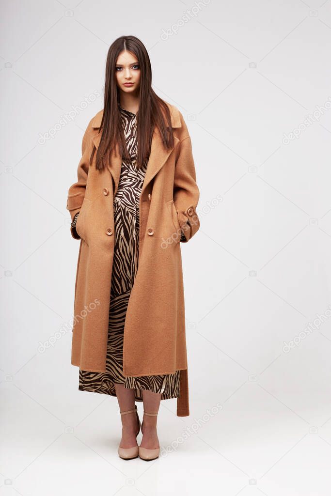 Young elegant woman in trendy brown coat.  Zebra print dress, isolated studio shot