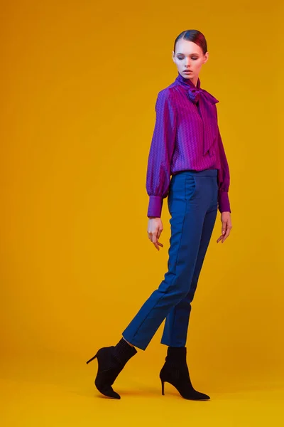 Högt Mode Porträtt Ung Elegant Kvinna Sudio Sköt Violett Blus — Stockfoto
