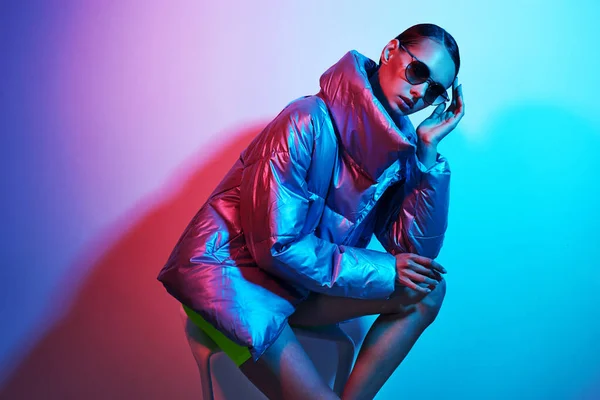 Fashion Portrait Young Elegant Woman Sunglasses Silver Jacket Neon Light — Stock Photo, Image