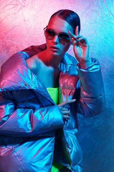 Fashion Portrait Young Elegant Woman Sunglasses Silver Jacket Neon Light — Stock Photo, Image