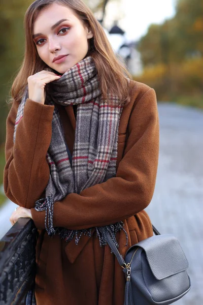 ファッション若い女性の屋外 コート スカーフ ハンドバッグを身に着けている — ストック写真